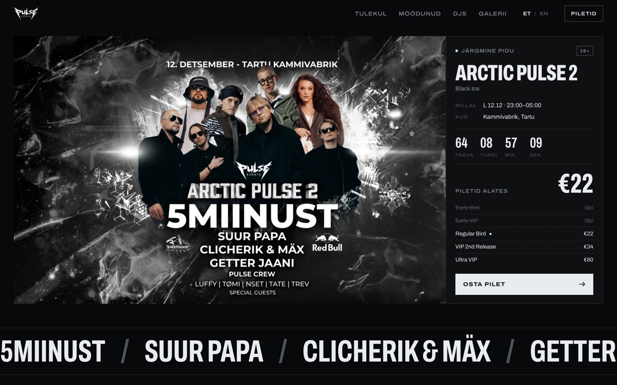 Pulse Events kodulehe avavaade: Arctic Pulse 2 bänner ja piletiinfo
